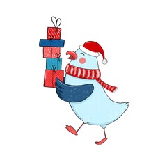 Funny seagull in a cap and scarf carries presents. Postcard, holiday greetings.