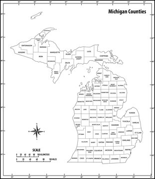 michigan state outline administrative and political vector map in black and white