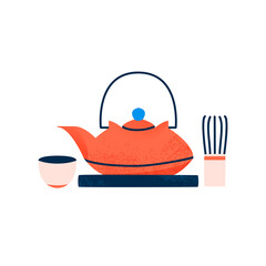 Japanese teapot and cups flat cartoon illustration. Asian traditional tea ceremony banner design. Old Chinese kettle background.