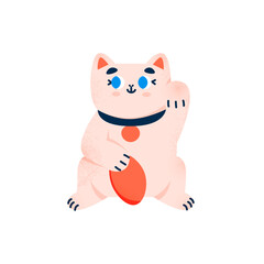 Maneki neko flat cartoon illustration. Japanese folklore symbol banner design. Asian culture, lucky cat, smiling kitty with gold coin printing card.