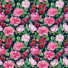 Fototapeta na wymiar Flowers of roses and berries of raspberry. Floral seamless patterns, watercolor illustration