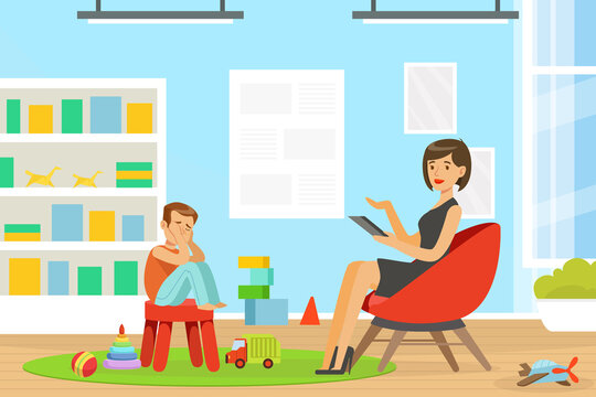 Woman Psychologist Talking with Crying Little Boy Vector Illustration