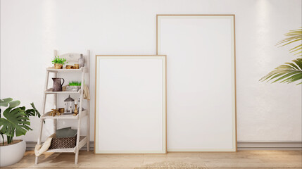 Shelves with picture frames and plant pots.