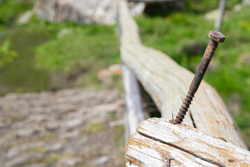 Rusty screw into a wooden fence. Outdoors scene, with copy-space.