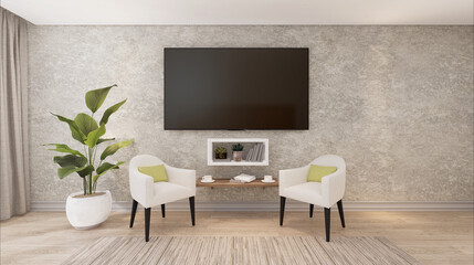 Furnished living room and wall mounted TV, 3D style.