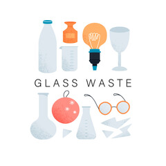 Glass waste flat cartoon illustration. Trash recycling banner design. Types of trash information background.