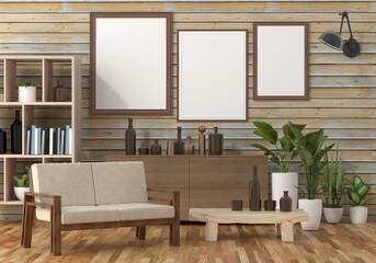 The living room is decorated with chairs, sofaand picture frames,.