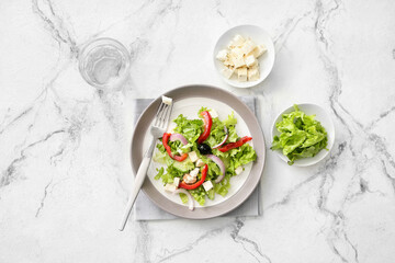 Plate with fresh Greek salad and ingredients on light background
