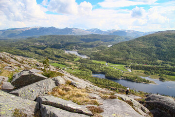 On a mountain hike to Skogfjellet in Velfjord here with a view to Forbergskog,Helgeland,Nordland county,scandinavia,Europe