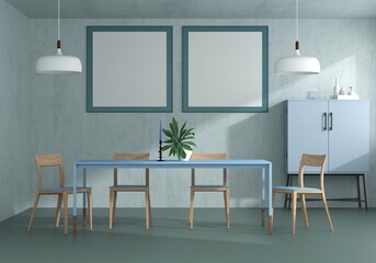Living room with table, chair and wall frame, 3D style