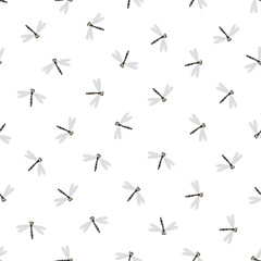 Seamless pattern with dragonfly on white background. Romantic vector illustration. Adorable cartoon character. Template design for invitation, cards, textile, fabric. Doodle style