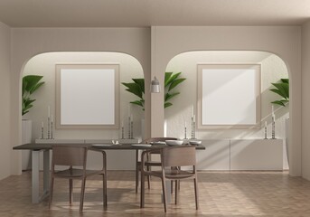 Living room with table, chair and wall frame, 3D style