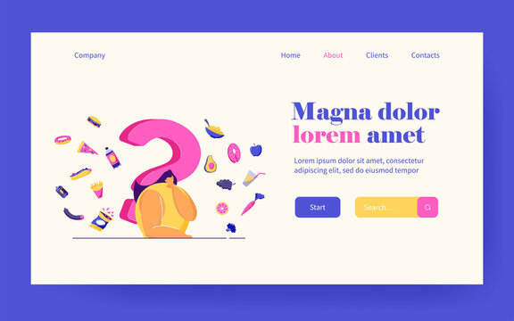 Organic vs junk food. Woman thinking over snack, choosing healthy or unhealthy food. Vector illustration for lifestyle, healthcare, good or bad choice, diet, nutrition concept