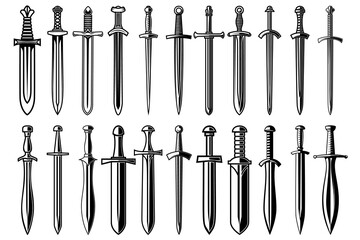 Set of illustrations of medieval swords. Design element for poster, card, banner,emblem, sign. Vector illustration