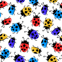 Fashion animal seamless pattern with colorful ladybird on white background. Cute holiday illustration with ladybags for baby. Design for invitation, poster, card, fabric, textile