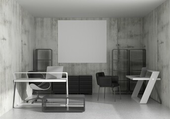 Office room with laptop on the table, 3D style.