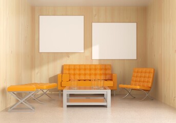 The living room is decorated with chairs, sofaand picture frames,.