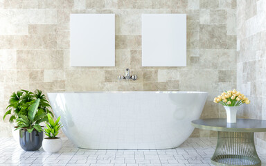 Bathroom with bathtub, table, plant pots and picture frames.
