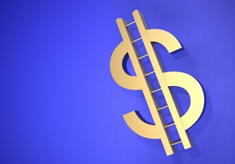 Golden dollar sign ladder on blue background. 3d render