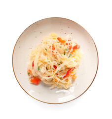 Plate with tasty sauerkraut on white background