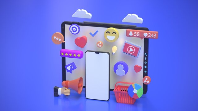 Online marketing concept with social media communication platform. smartphone with emoji, comment, chat bubbles, like and social media icons. 3d render illustration