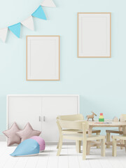 Playroom with dolls and picture frames.