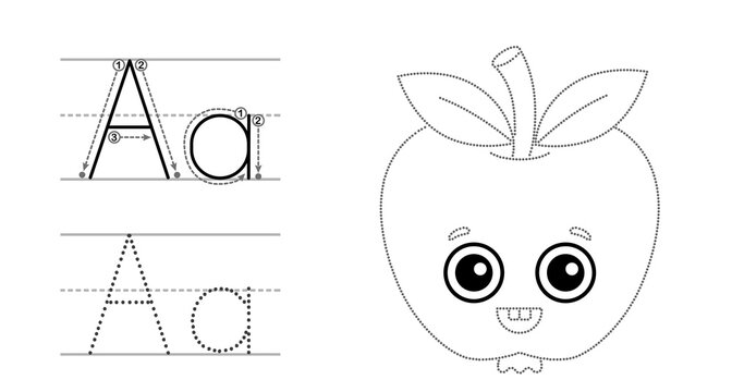 Trace the letter and picture and color it. Educational children tracing game. Coloring page alphabet. Letter A and funny Apple