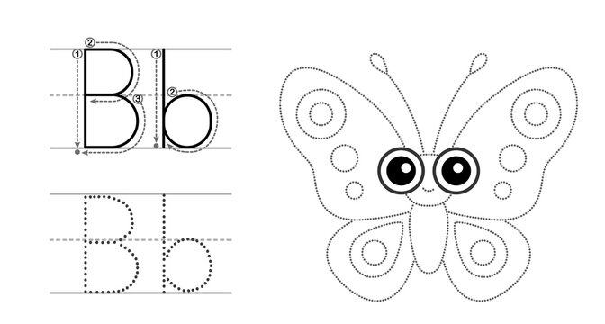 Trace the letter and picture and color it. Educational children tracing game. Coloring alphabet. Letter B and funny cartoon Butterfly