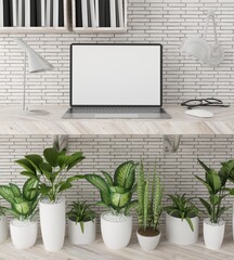 Office room with laptop on the table, 3D style.