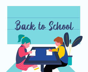 School children dong their homework. Students students sit at the table and write in a notebook. Back to school. Editable vector illustration