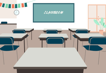 Empty School Class Room Interior with Board Desk, flags, tables and chairs. Editable Flat Vector Illustration