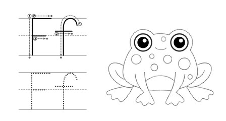 Trace the letter and picture and color it. Educational children tracing game. Coloring alphabet. Letter F and funny frog