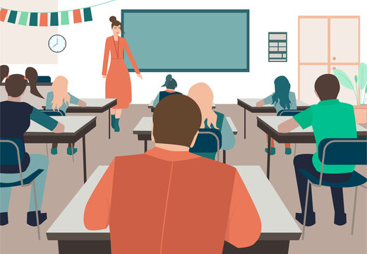 Students sitting in classroom and listen to the lecture of teacher. Lesson time. Back to school. Editable vector illustration