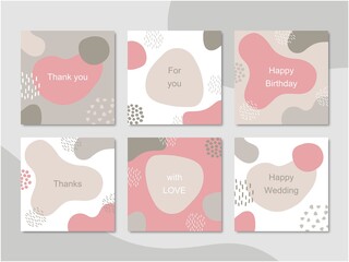 Set of Editable elegant instagram square banner template. Pink, gray and brown colors organically shaped background. Suitable for social media post and web internet ads.