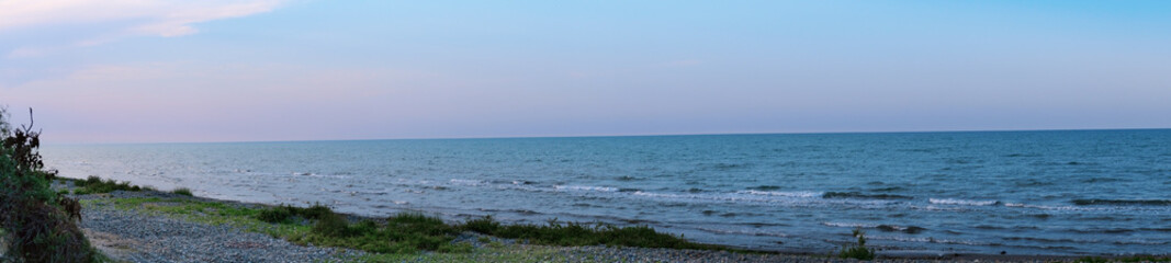 Panoramic beautiful seascape with cloud on a sunny day. panorama of the caspian sea summer vacation relax caspian sea