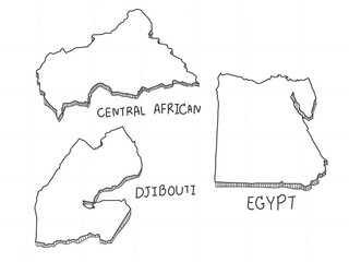 3 Africa 3D Map is composed Central African, Djibouti and Egypt. All hand drawn on white background.