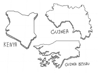 3 Africa 3D Map is composed Guinea Bissau, Guinea and Kenya. All hand drawn on white background.