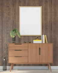 The living room is decorated with a storage table and picture frames, 3D style.