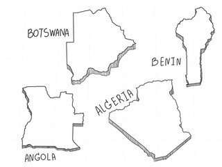 4 Africa 3D Map is composed Botswana, Benin, Algeria and Angola. All hand drawn on white background. 