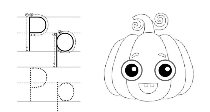 Trace the letter and picture and color it. Educational children tracing game. Coloring alphabet. Letter P and funny Pumpkin