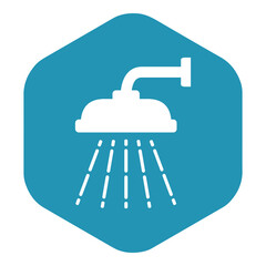 The shower icon. The set includes a wall-mounted shower in a flat style. Sanitary equipment for bathing. A white silhouette on a blue hexagon. Vector illustration isolated on a white background.