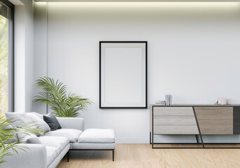 The living room is decorated with sofa and picture frames, 3D style