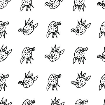 Seamless vector pattern for Halloween with black line.Holiday print with strawberries and worms in doodle hand drawn style.Designs for textiles,packaging,web,coloring books,wallpaper.