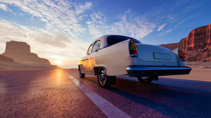 Fototapeta na wymiar the image of the car in the sunset 3D illustration