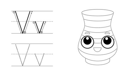 Trace the letter and picture and color it. Educational children tracing game. Coloring alphabet. Letter V and funny Vase