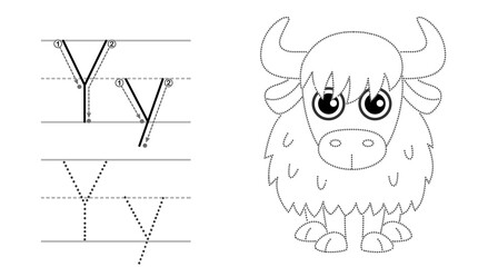 Trace the letter and picture and color it. Educational children tracing game. Coloring alphabet. Letter Y and funny Yak - obrazy, fototapety, plakaty
