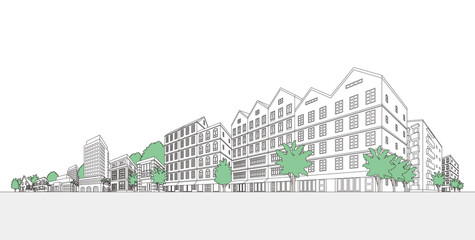 Obraz premium 街並みのベクターイラスト. 線画イラスト.