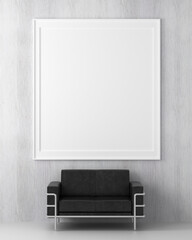 Living room with chair and wall frame, 3D style.