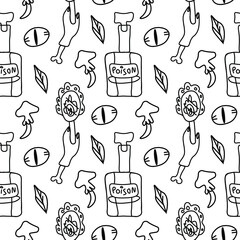 Seamless vector pattern for Halloween with black line.Holiday print with poison,mushroom,mirror,severed hand,eye in doodle hand drawn style.Designs for textiles,packaging,web,coloring books,wallpaper.