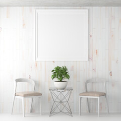 Fototapeta na wymiar Living room wall photo frame with flower vase, 3D style